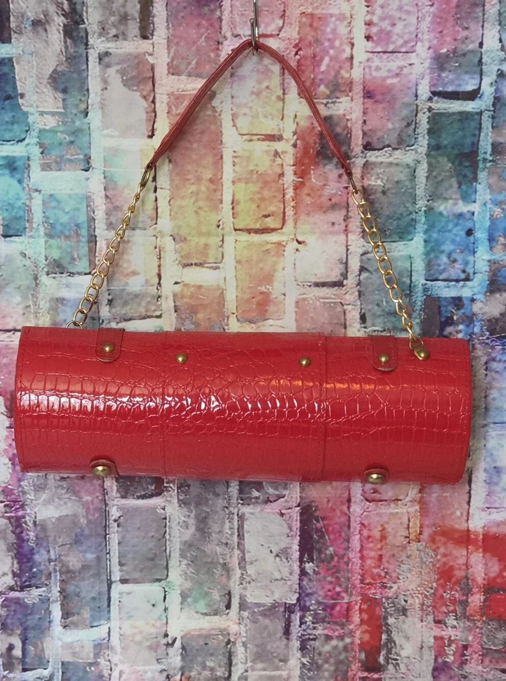 Bottle Carrier Cylinder Bag Croc-Texture W/ Gold Hardware